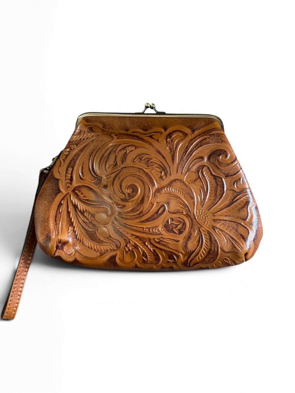 Patricia Nash Embossed Floral Leather Wristlet Clutch - Cognac Brown
